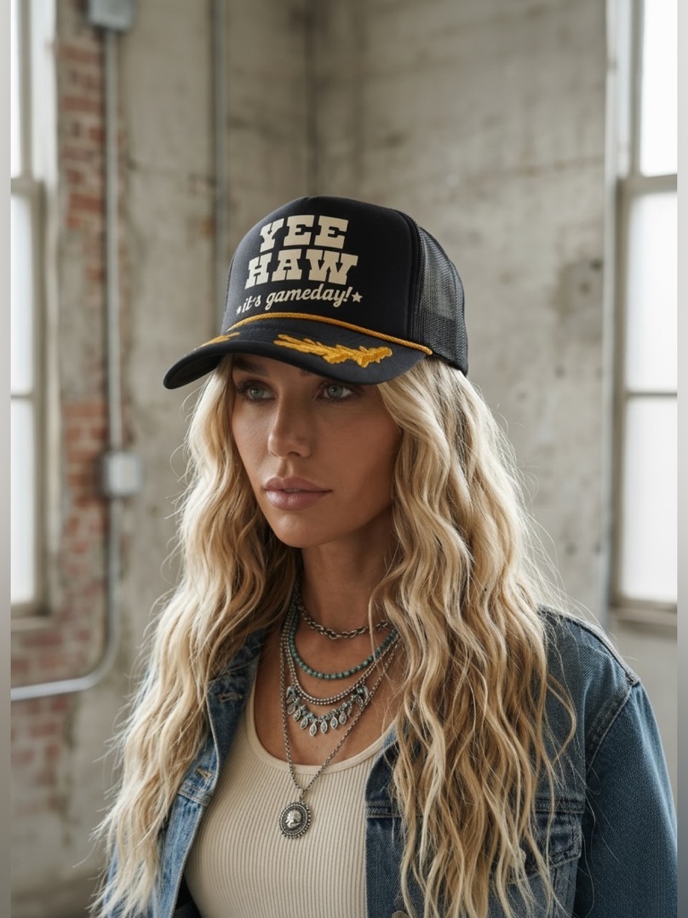NWT Wilder Made Yee Haw Yeehaw It’s Game Day Trucker Hat Black & Gold - Picture 5 of 5